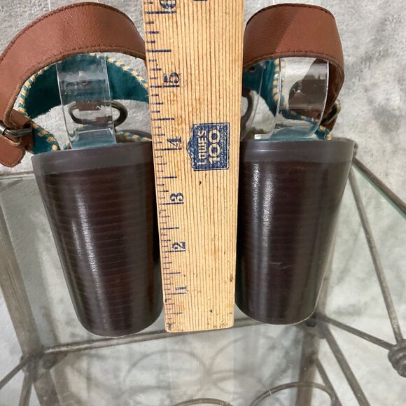 Chinese Laundry Golden LEATHER Heeled Stacked SANDALS WOMAN’S SIZE 9.5 Turquoise - Picture 6 of 10